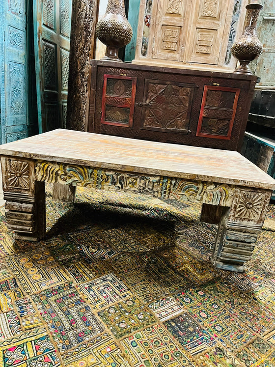 Vintage Ornate Carved Coffee Table with Colorful Detail