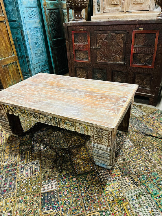 Vintage Ornate Carved Coffee Table with Colorful Detail