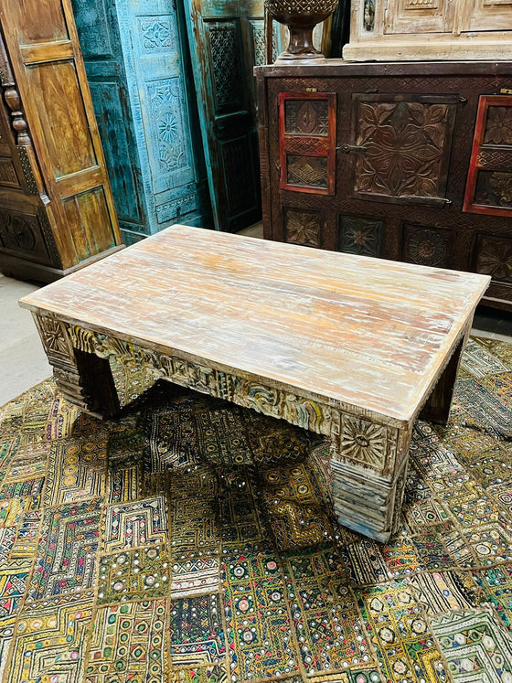 Vintage Ornate Carved Coffee Table with Colorful Detail