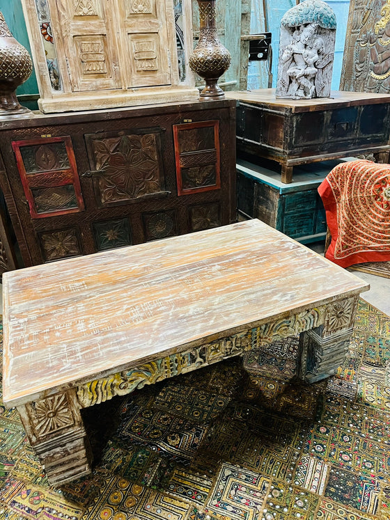 Vintage Ornate Carved Coffee Table with Colorful Detail