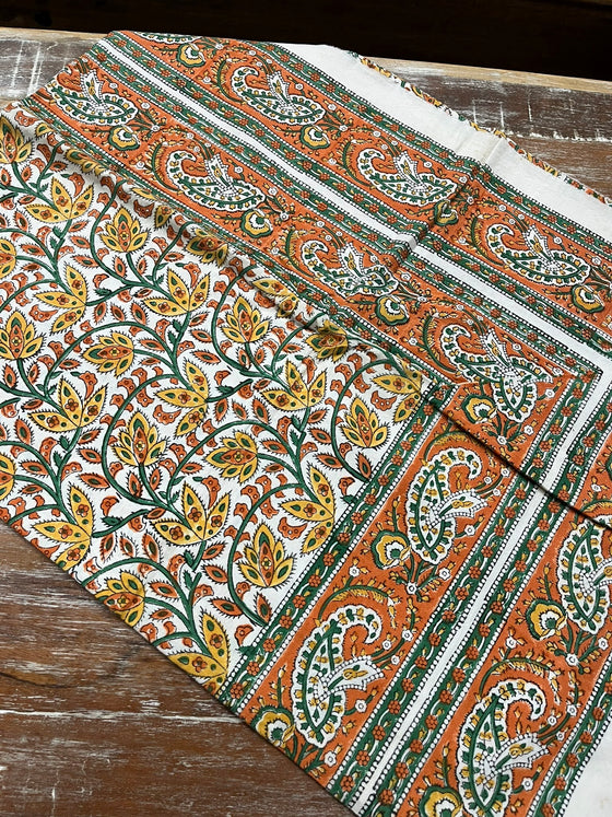 Cotton Printed Bedspread Orange & Yellow Leaf Floral – Indian Bed Cover Throw