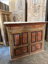 Antique Whitewashed Cabinet with Hand-Painted Floral Rosette Carved Doors