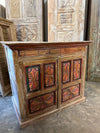 Antique Whitewashed Cabinet with Hand-Painted Floral Rosette Carved Doors