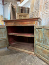 Antique Whitewashed Cabinet with Hand-Painted Floral Rosette Carved Doors