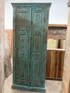 Antique Blue Hand Carved Armoire Brass Studs Floral Bedroom Cabinet
