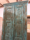 Antique Blue Hand Carved Armoire Brass Studs Floral Bedroom Cabinet