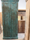Antique Blue Hand Carved Armoire Brass Studs Floral Bedroom Cabinet