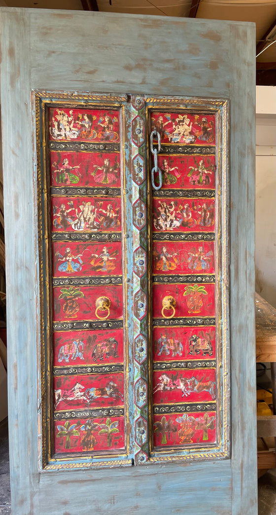 Antique Ganesha Painted Indian Door, Vintage Wall Accent, Barn Door 88x42