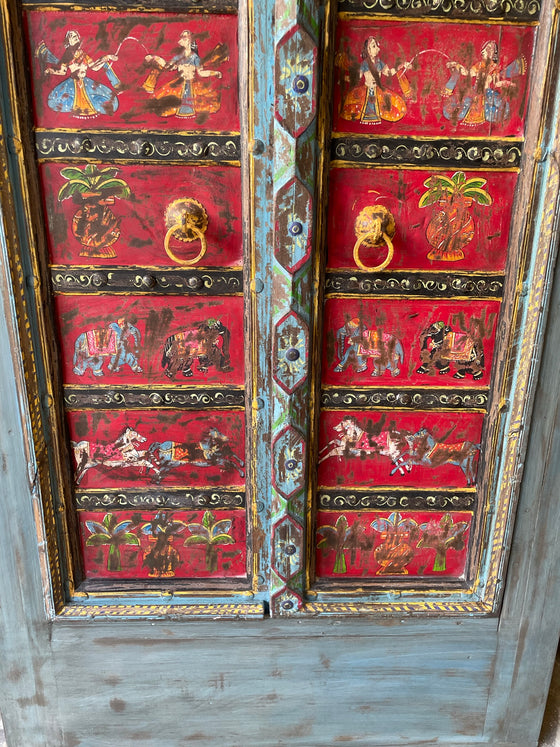 Antique Ganesha Painted Indian Door, Vintage Wall Accent, Barn Door 88x42