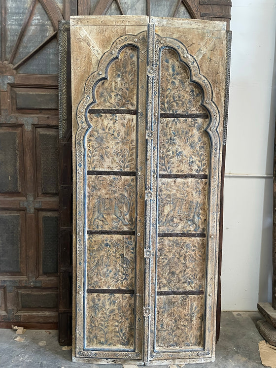 Antique India Rajput Doors, Painted Elephants Barn Doors, 84x36