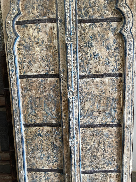 Antique Rajput Doors, Painted Elephants Indian Teak Exterior Doors 84x36