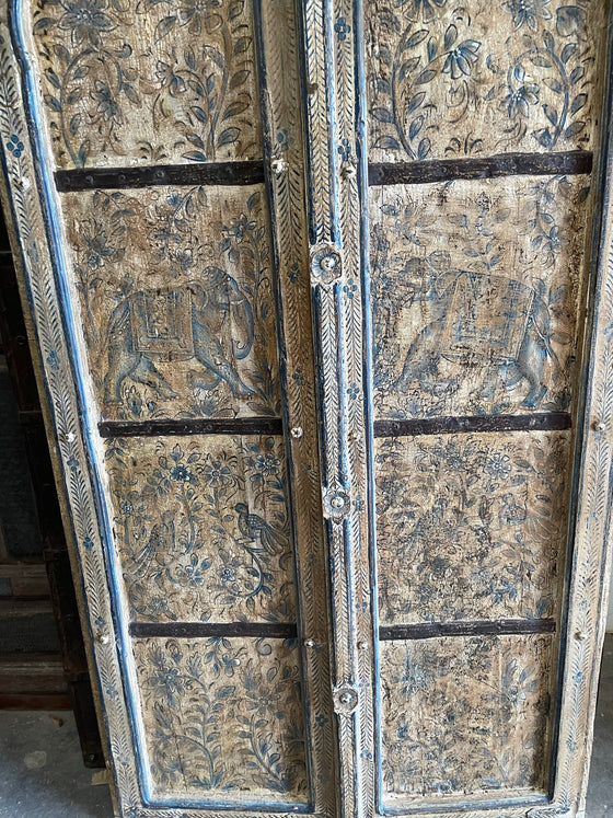 Antique Rajput Doors, Painted Elephants Indian Teak Exterior Doors 84x36