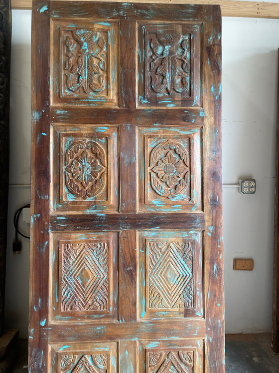 Vintage Barn Door, Rustic Green Hues Distressed Barndoor, Floral Carved Sliding Door, 84