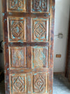 Vintage Barn Door, Rustic Green Hues Distressed Barndoor, Floral Carved Sliding Door, 84