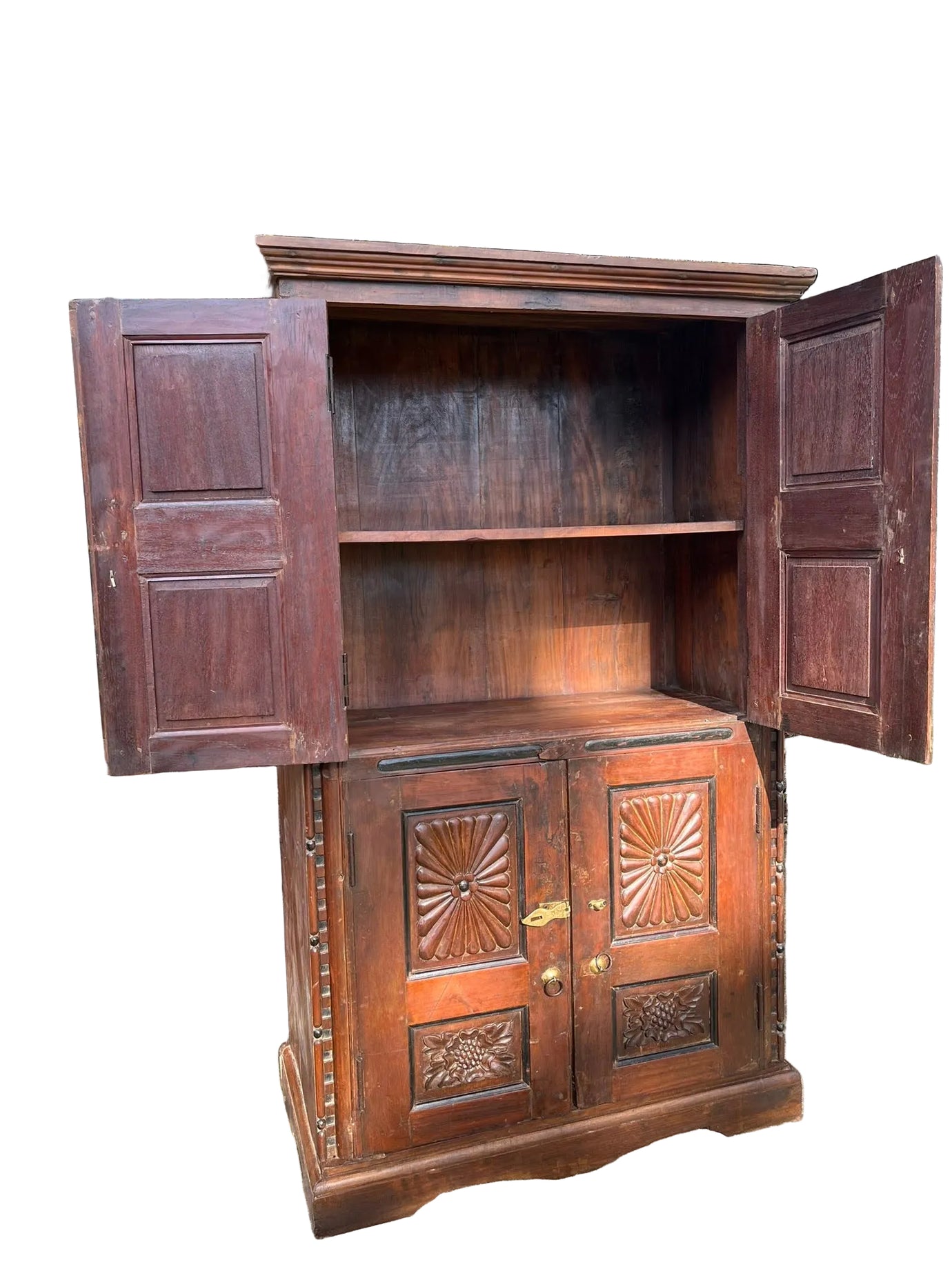 Antique Armoire Sunburst Carved Dark Wood Double Door Bedroom Cabinet 66