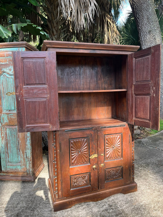 Antique Indian Armoire Brown Hand Carved Storage Cabinet 66