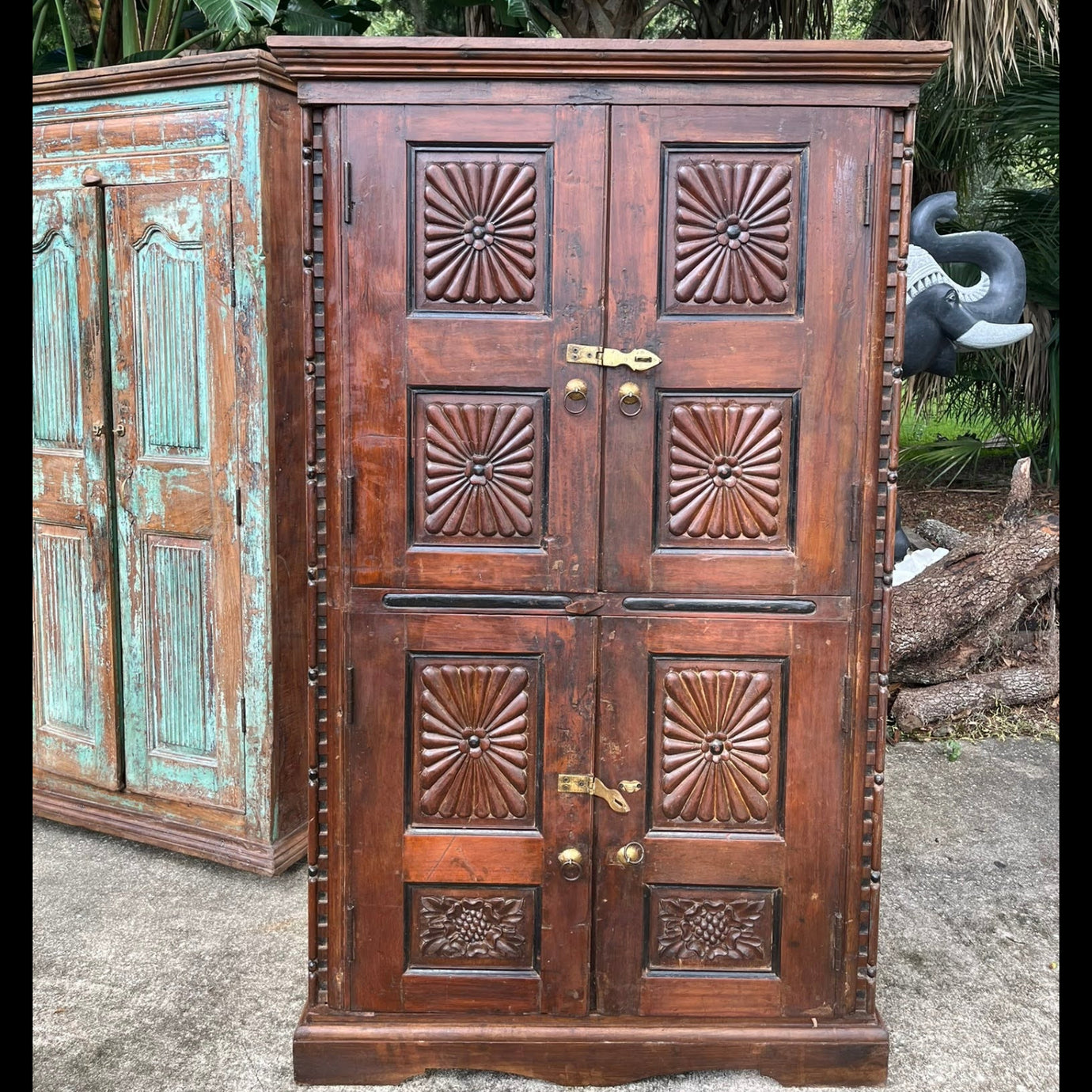 Antique Armoire Sunburst Carved Dark Wood Double Door Bedroom Cabinet 66