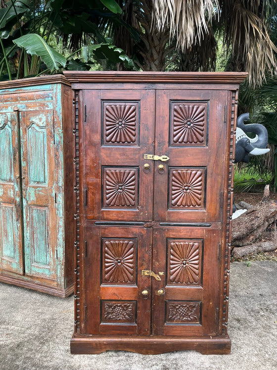 Antique Indian Armoire Brown Hand Carved Storage Cabinet 66