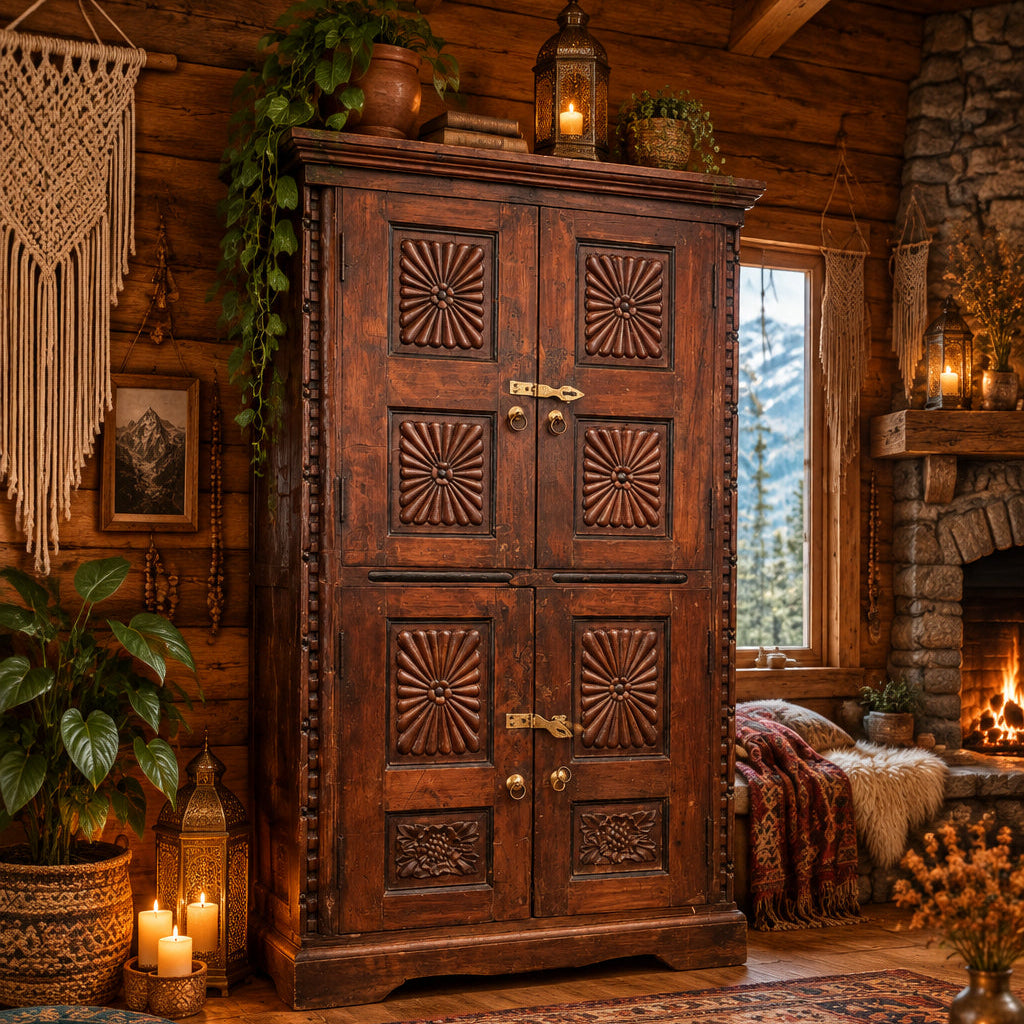Antique Armoire Sunburst Carved Dark Wood Double Door Bedroom Cabinet 66