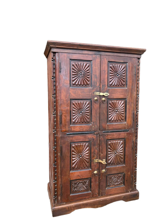 Antique Indian Armoire Brown Hand Carved Storage Cabinet 66