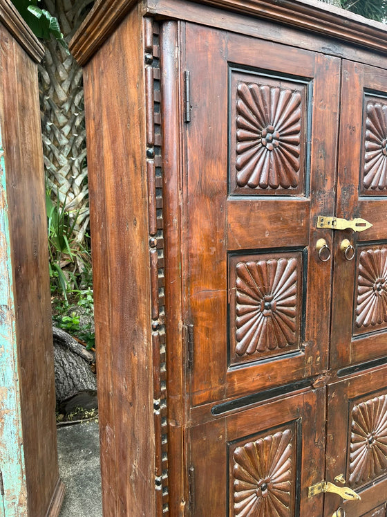 Antique Indian Armoire Brown Hand Carved Storage Cabinet 66