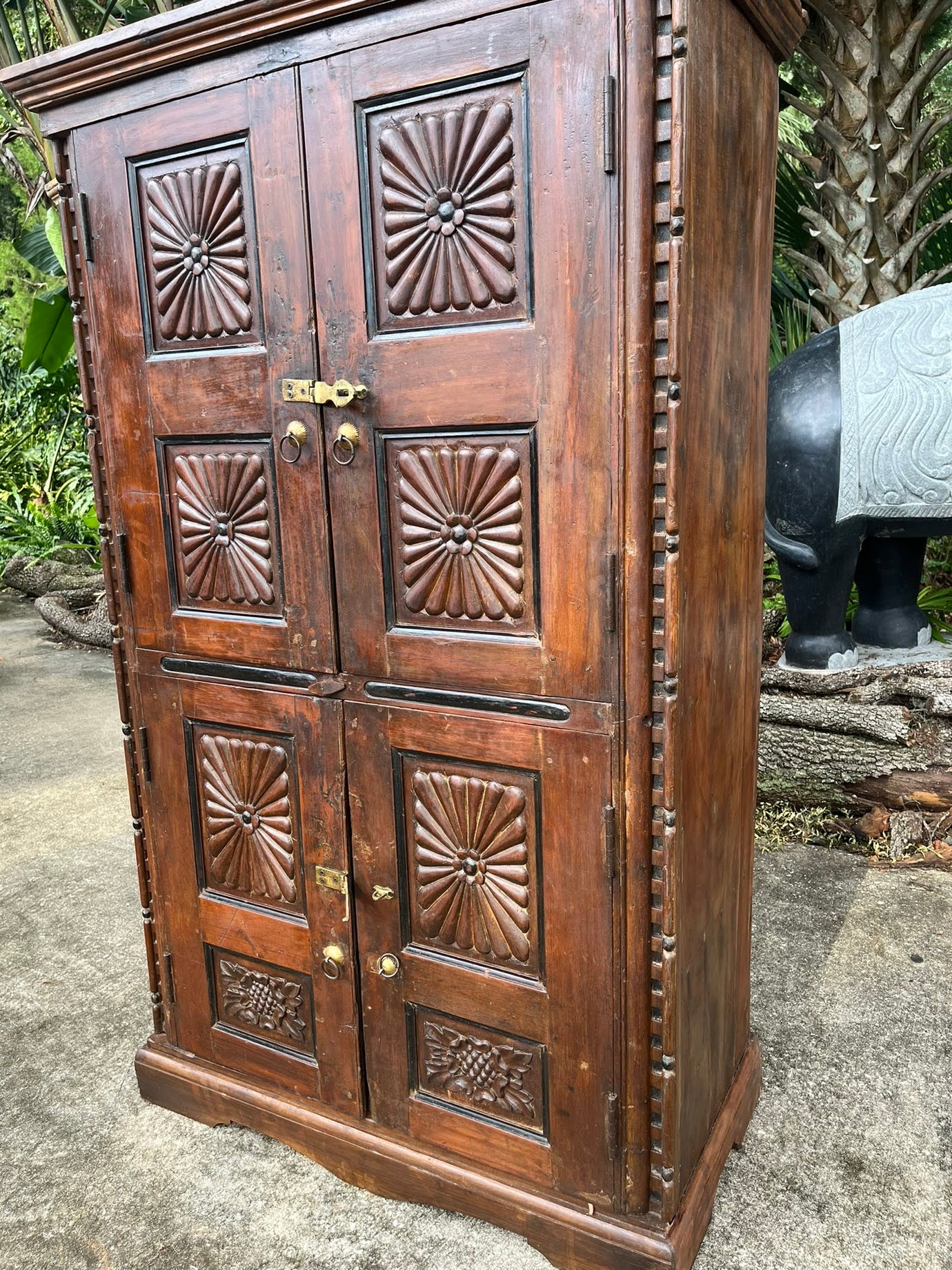 Antique Armoire Sunburst Carved Dark Wood Double Door Bedroom Cabinet 66