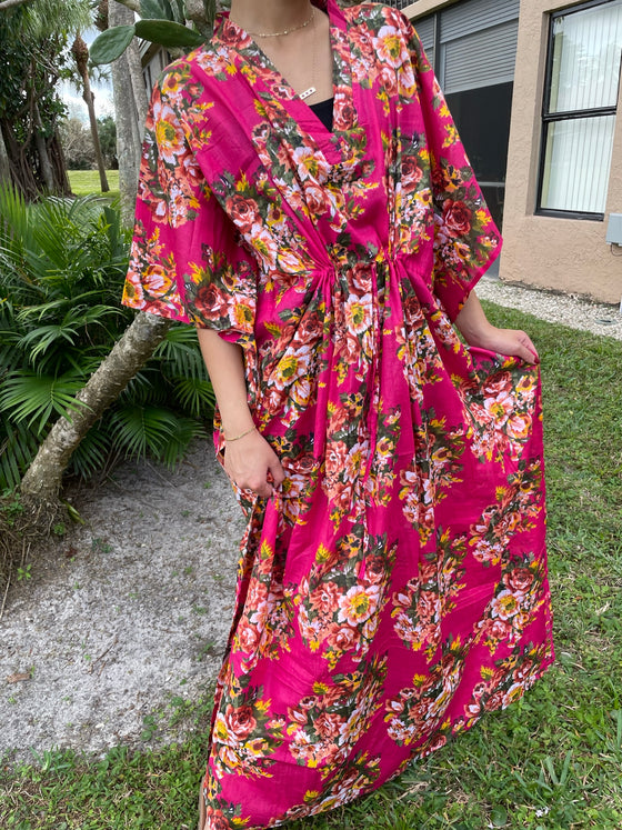 Beach Maxi dress, Kimono Caftan dresses, Cotton Pink Floral Print Kaftan L-3X
