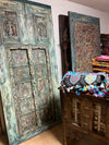 Vintage Carved Indian Barn Door – Rustic Distressed Blue Reclaimed Wood Door