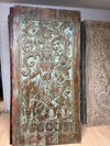 Radha Krishna Carved Wood Wall Art Blue Vintage Barn Door Wall Panel 84x41