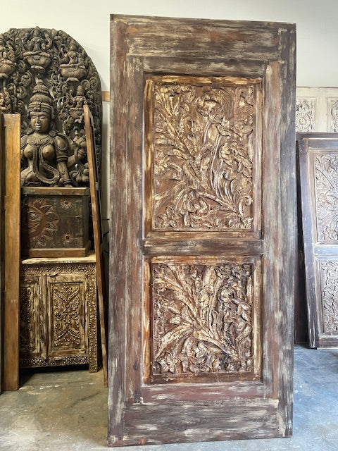 Vintage Carved Gulmohar Door, Reclaimed Wood,, Whitewash Rustic Barn Door 80x30