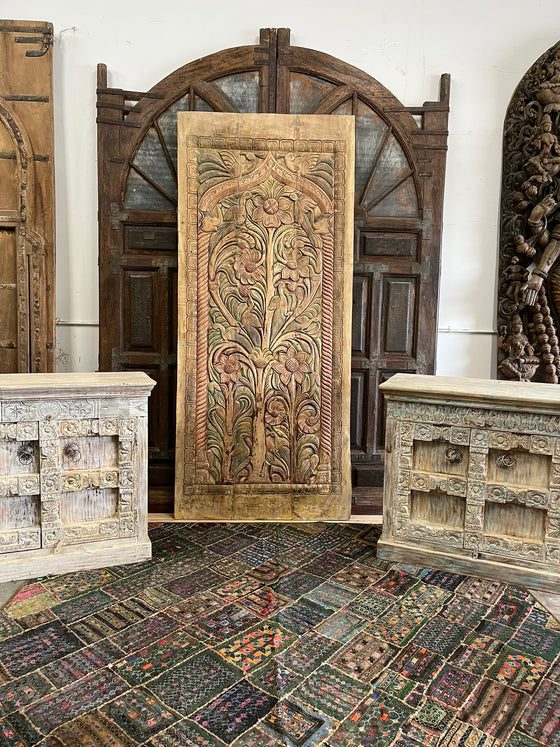 Vintage Carved Tree of Life Barn Door Colorful Reclaimed Wood Wall Panel 96x40