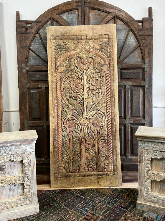 Vintage Carved Tree of Life Barn Door Colorful Reclaimed Wood Wall Panel 96x40