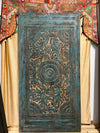 Vintage Carved Blue Door Brass Studs Lotus Carved Sliding Barn Door 100