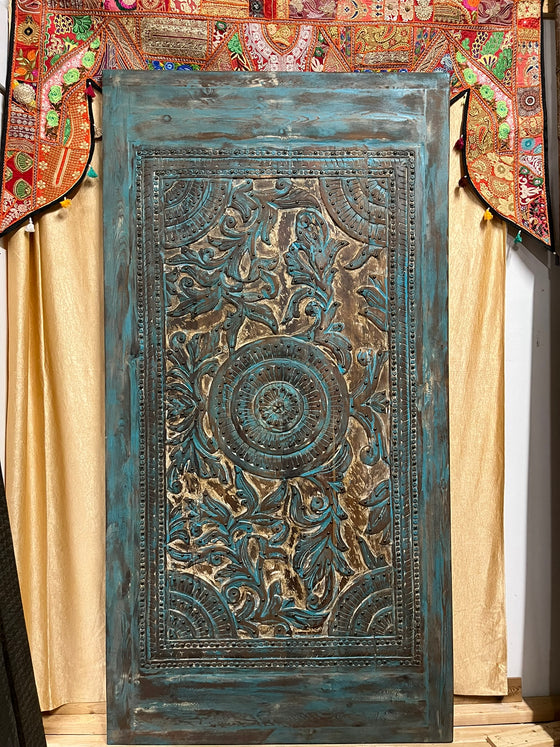 Vintage Carved Blue Door Brass Studs Lotus Carved Sliding Barn Door 100
