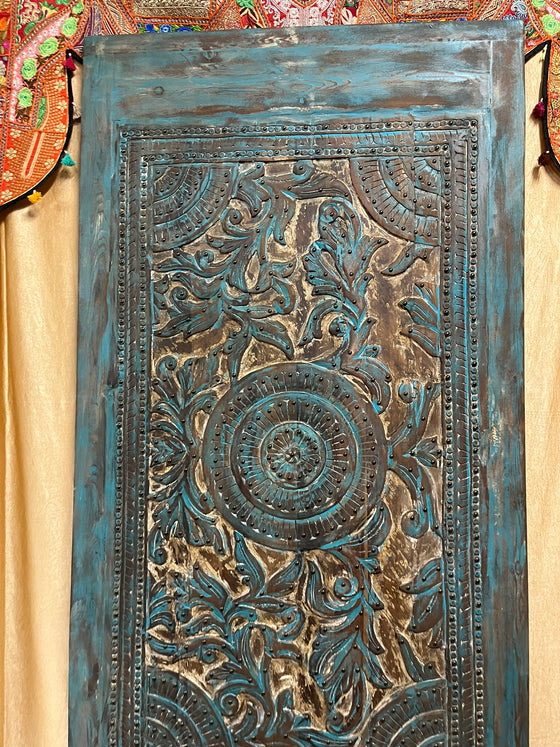 Vintage Carved Blue Door Brass Studs Lotus Carved Sliding Barn Door 100
