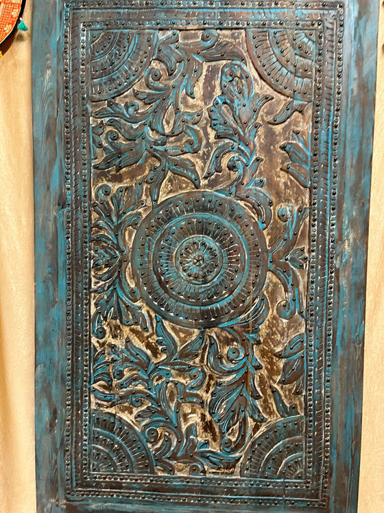 Vintage Carved Blue Door Brass Studs Lotus Carved Sliding Barn Door 100