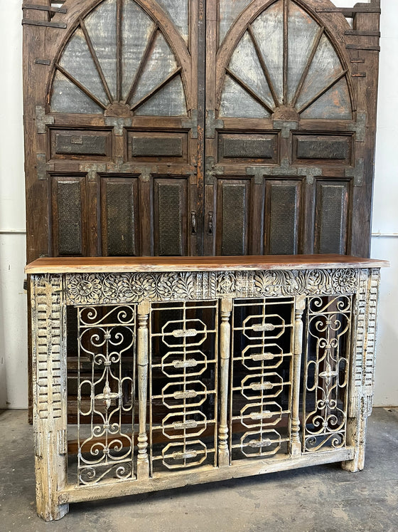 Antique Console TV Table Rustic Iron Carved Entryway Table 64