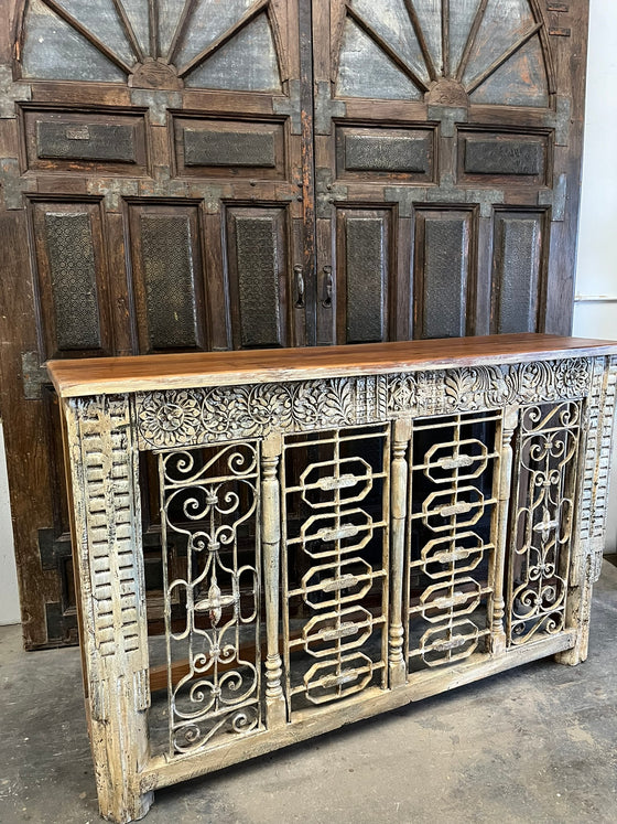 Antique Console TV Table Rustic Iron Carved Entryway Table 64