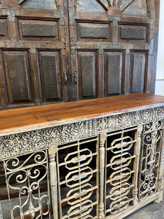 Antique Console TV Table Rustic Iron Carved Entryway Table 64
