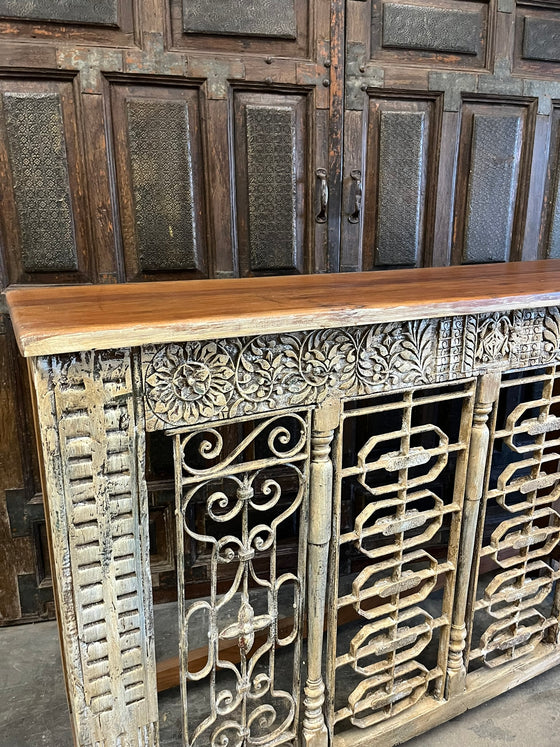 Antique Console TV Table Rustic Iron Carved Entryway Table 64