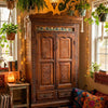 Antique Sunburst Carved Armoire with Painted Tiles Vintage Cabinet