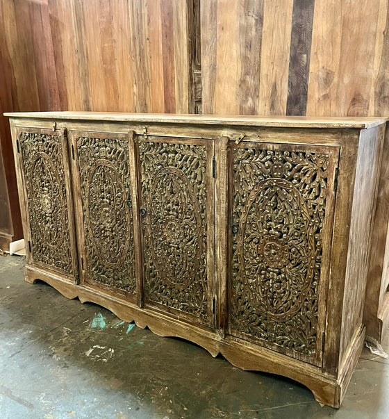 Vintage Carved Sideboard Buffet Lattice Carved Doors Brass Stud Accents