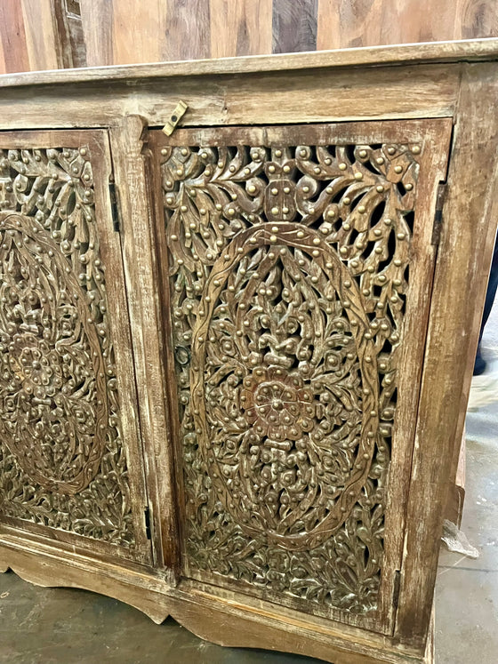 Vintage Carved Sideboard Buffet Lattice Carved Doors Brass Stud Accents