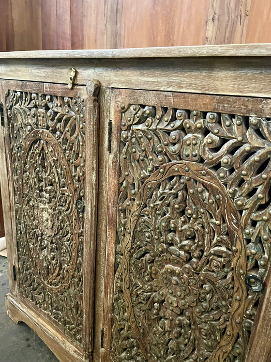 Vintage Carved Sideboard Buffet Lattice Carved Doors Brass Stud Accents