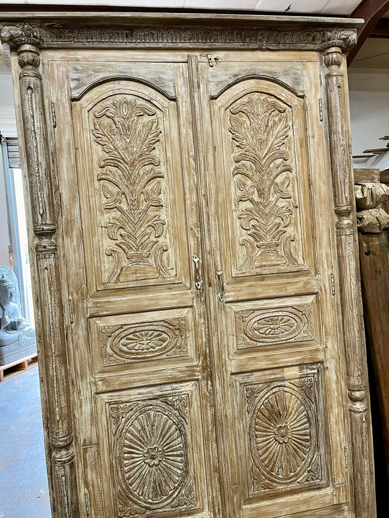 Vintage Colonial Style Wardrobe Armoire Sunburst Cabinet Salt Washed Patina