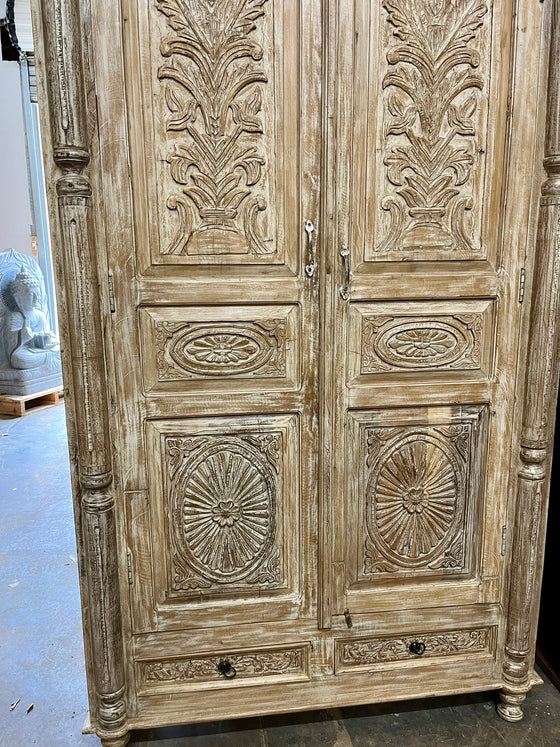 Vintage Colonial Style Wardrobe Armoire Sunburst Cabinet Salt Washed Patina
