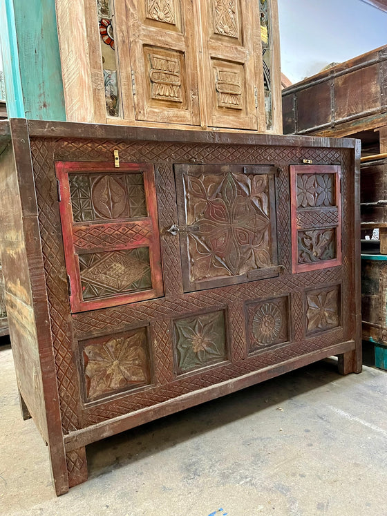 Antique Farmhouse Sideboard Carved Rustic Wood Chest Ranch Decor 53x38