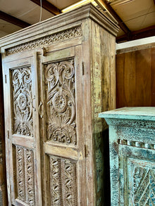  Antique Whitewashed Wardrobe Armoire with Floral Brass Studs – Vintage Bar Cabinet 72