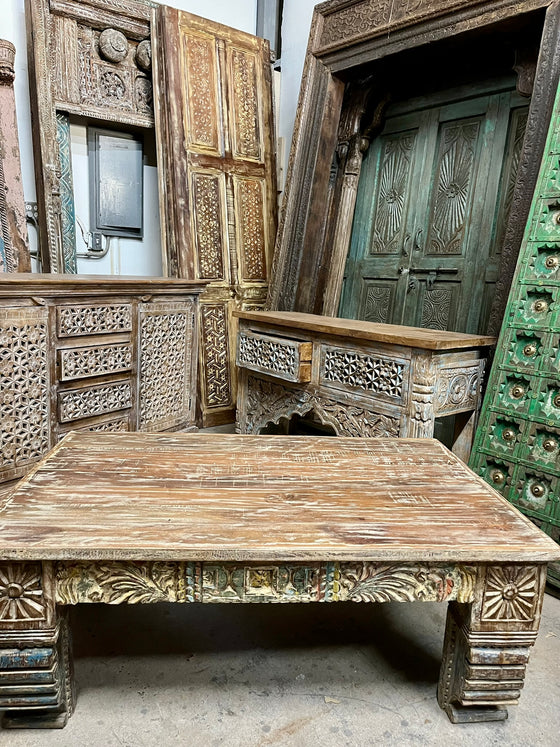 Vintage Wood Whitewash Coffee Table With Ornate Legs