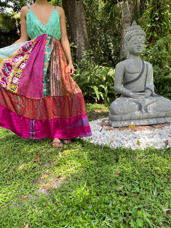 Womens Boho Maxi Dress, Gray Floral Strapdress, Recycle Silk Handmade Dresses S/M